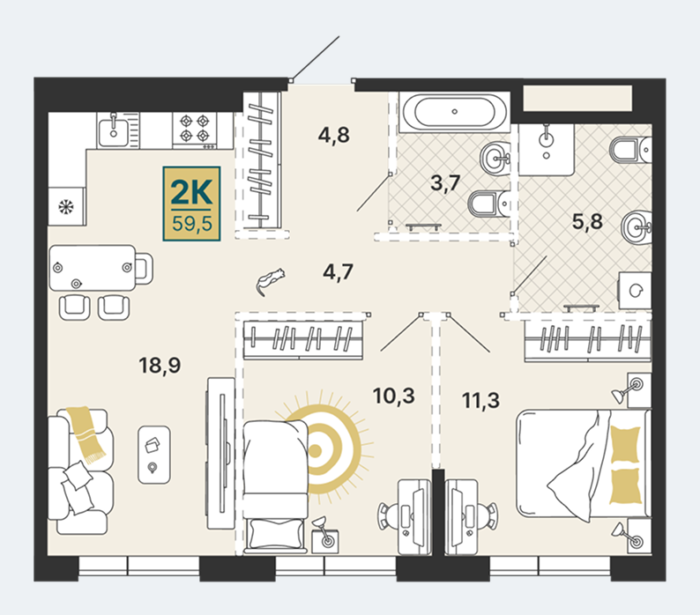 Планировка 2-комнатной квартиры 59,5 м²