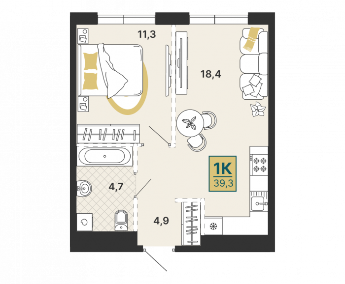Планировка: 1-к квартира, 39,3 м², 2 эт.