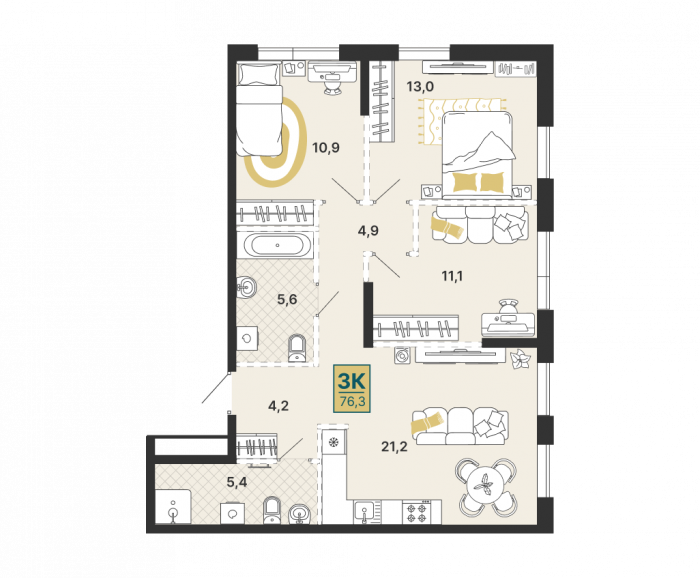 Планировка: 3-к квартира, 76,3 м², 2 эт.