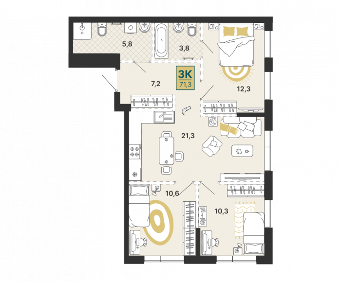 Планировка: 3-к квартира, 71,3 м², 2 эт.