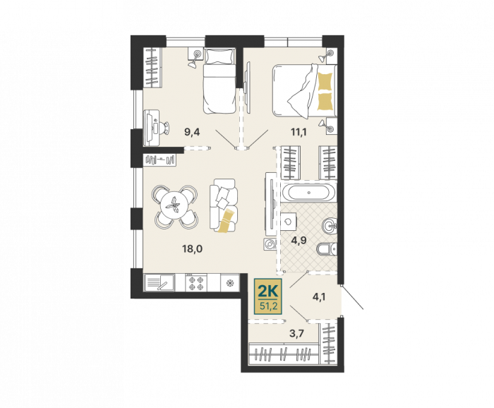 Планировка: 2-к квартира, 51,2 м², 5 эт.