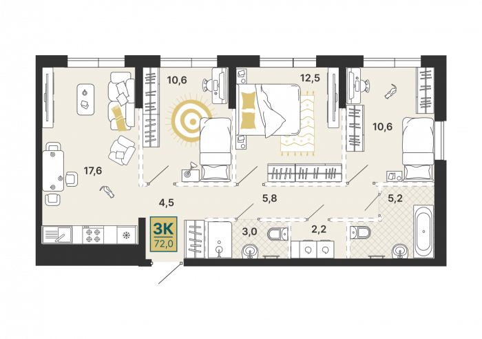 Планировка: 3-к квартира, 72 м², 2 эт.
