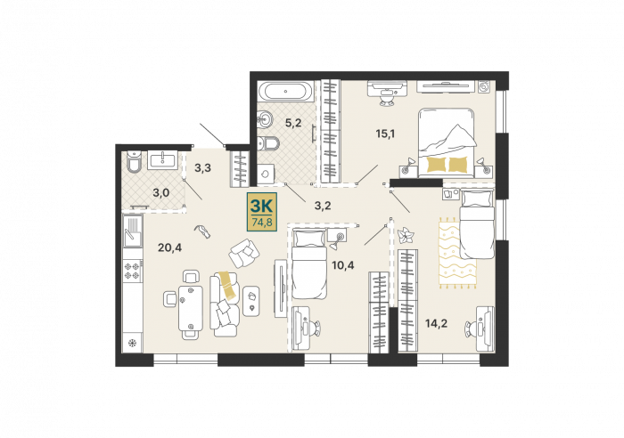 Планировка: 3-к квартира, 74,8 м², 2 эт.