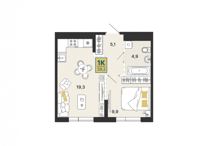 Планировка: 1-к квартира, 39,2 м², 2 эт.