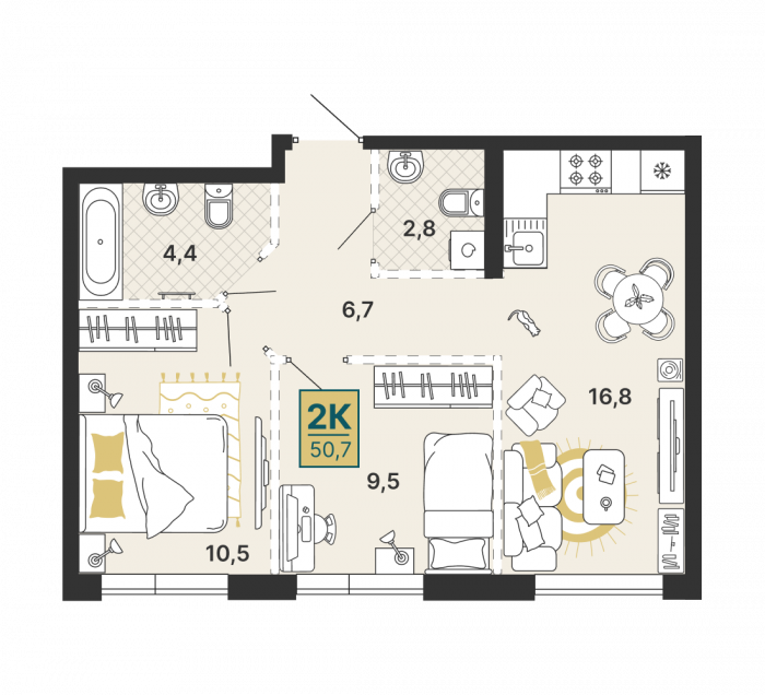 Планировка: 2-к квартира, 50,7 м², 2 эт.