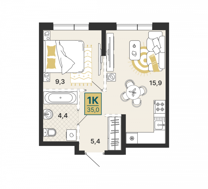 Планировка: 1-к квартира, 35 м², 2 эт.