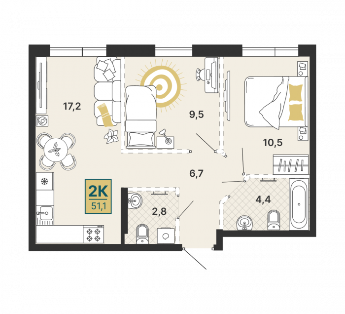 Планировка: 2-к квартира, 51,1 м², 6 эт.