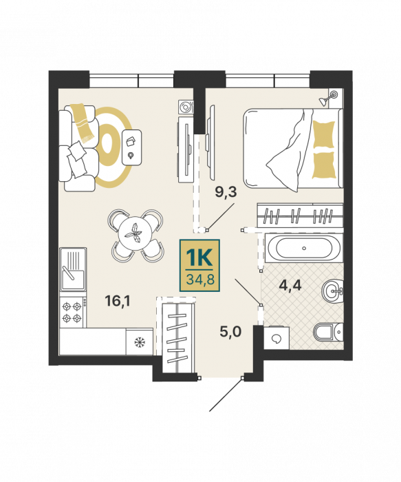 Планировка: 1-к квартира, 34,8 м², 2 эт.
