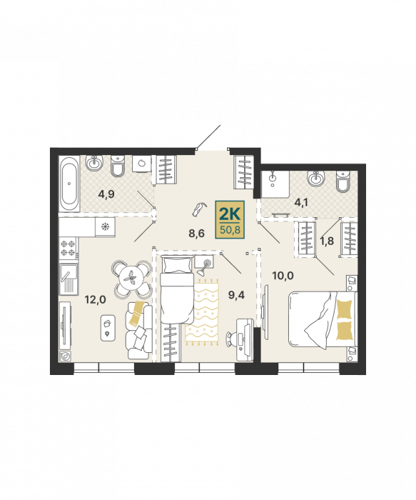 Планировка: 2-к квартира, 50,8 м², 2 эт.